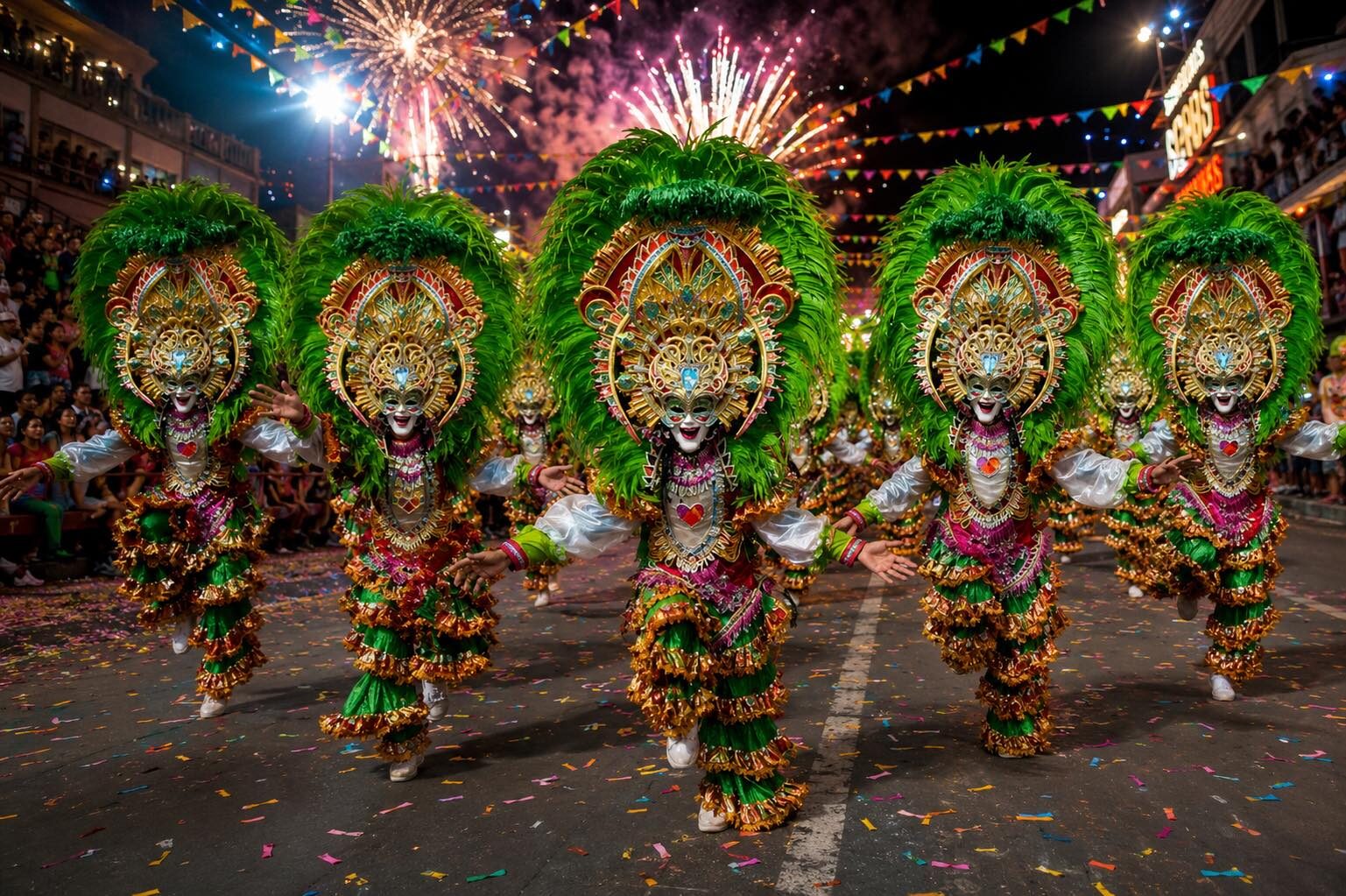 MassKara Festival Bacolod City dancers in elaborate green feathered headdresses and ornate smiling masks performing with fireworks overhead