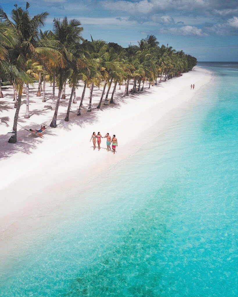 Aerial of Panglao Island Bohol white sand beach lined with palm trees and crystal clear turquoise water