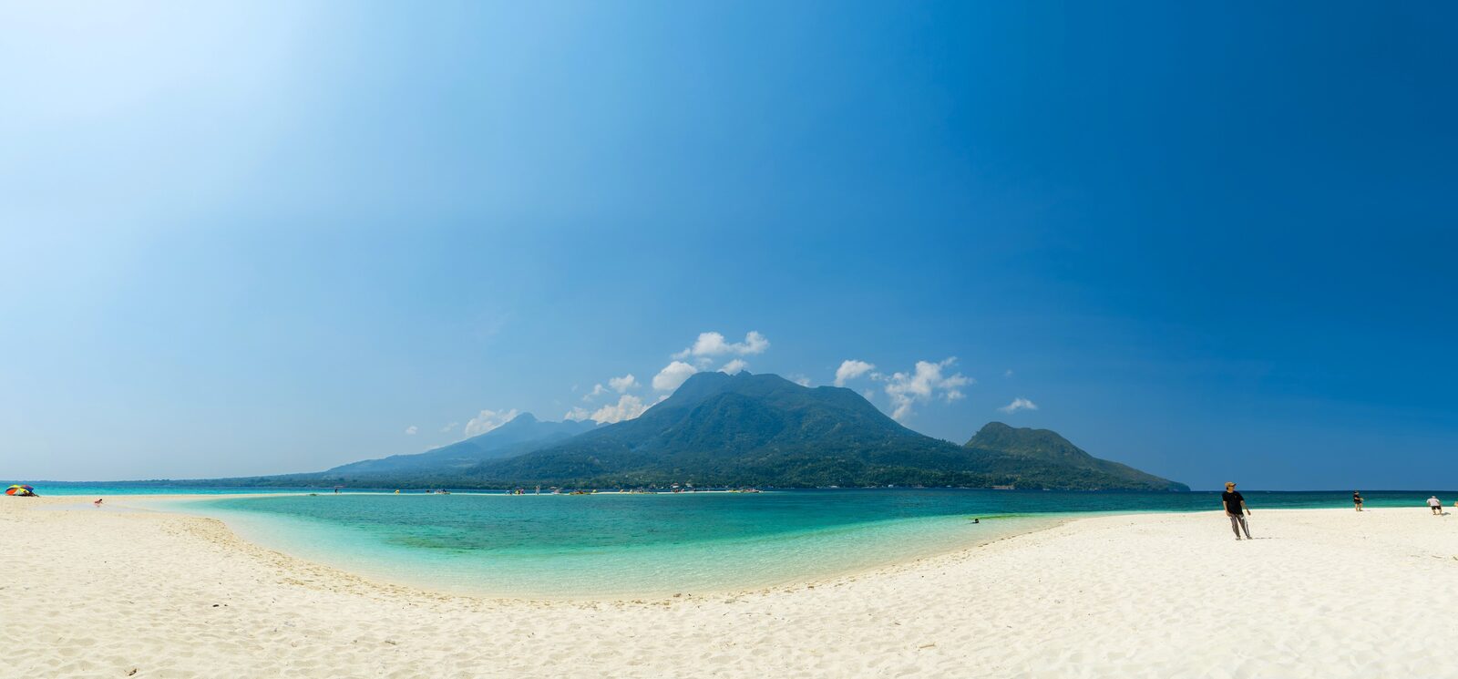 Aerial panorama of White Island Camiguin sandbar with Mount Hibok-Hibok volcano in background, Philippines