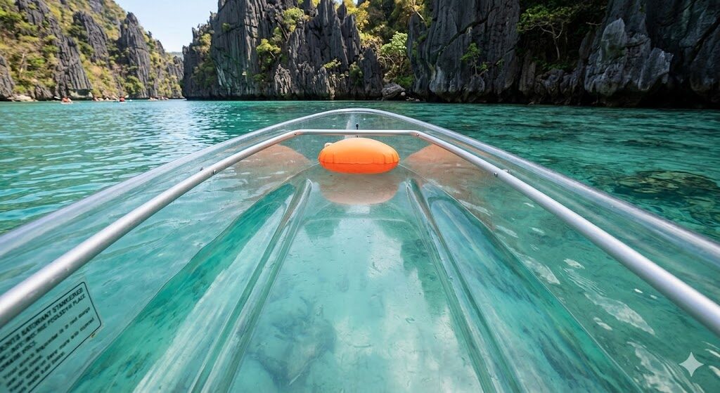 Twin Lagoon Coron clear-bottom kayak floating in turquoise water between limestone cliffs in Palawan