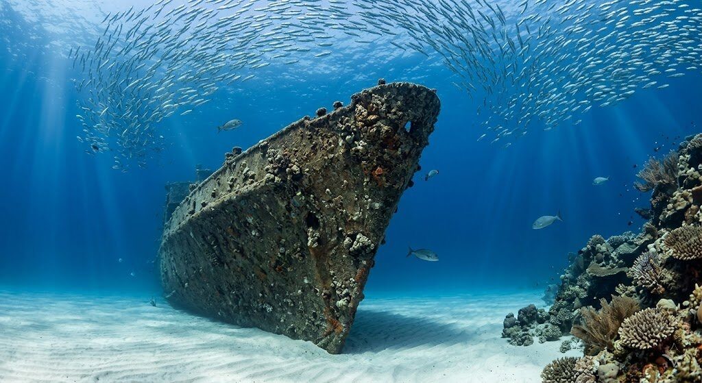 Underwater WWII shipwreck covered in coral and surrounded by schools of fish in clear blue water