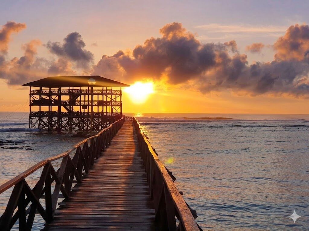 Cloud 9 Siargao wooden boardwalk leading to the famous surf viewing tower at golden sunrise